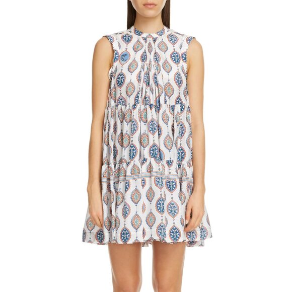 CHLOÉ Tiered Ceramic Print Babydoll Silk Mini Dress Paisley White Blue Sz 42 10 - Picture 2 of 11